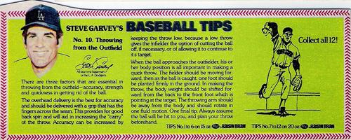 1979 Post Raisin Bran Steve Garvey's Baseball Tips #10 Throwing from the Outfield Front