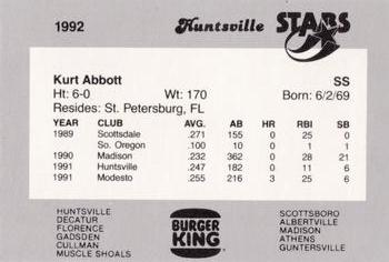 1992 Burger King Huntsville Stars #NNO Kurt Abbott Back