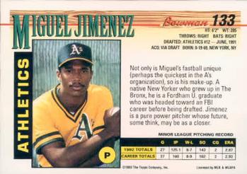 1993 Bowman #133 Miguel Jimenez Back