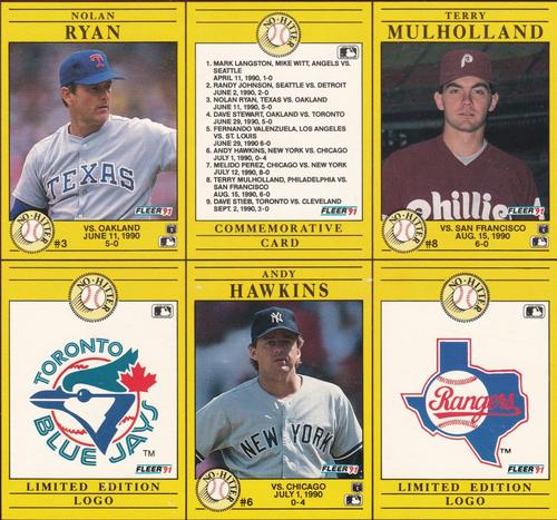 1991 Fleer - Cello Box Bottom Panels #3 / 6 / 8 / NNO Nolan Ryan / Andy Hawkins / Terry Mulholland / Commemorative Card / Texas Rangers Logo / Toronto Blue Jays Logo Front