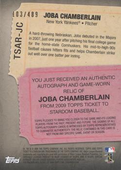 2009 Topps Ticket to Stardom - Autograph Relics #TSAR-JC Joba Chamberlain Back