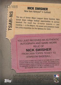 2009 Topps Ticket to Stardom - Autograph Relics #TSAR-NS Nick Swisher Back