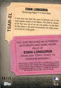 2009 Topps Ticket to Stardom - Autograph Relics Gold #TSAR-EL Evan Longoria Back