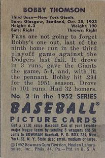 1952 Bowman #2 Bobby Thomson Back