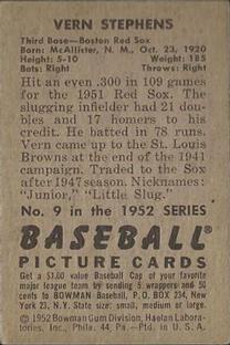 1952 Bowman #9 Vern Stephens Back