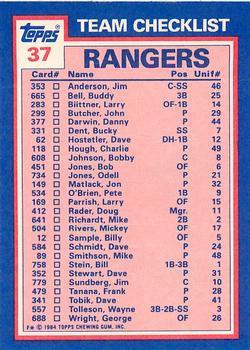 1984 Topps - Collector's Edition (Tiffany) #37 Rangers Leaders / Checklist (Buddy Bell / Rick Honeycutt) Back