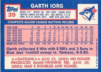 1984 Topps - Collector's Edition (Tiffany) #39 Garth Iorg Back