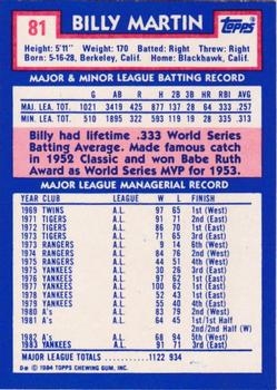 1984 Topps - Collector's Edition (Tiffany) #81 Billy Martin Back
