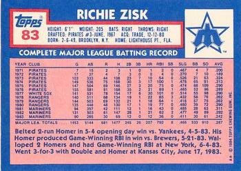 1984 Topps - Collector's Edition (Tiffany) #83 Richie Zisk Back