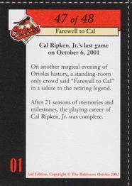 2002 Baltimore Orioles Greatest Moments of Oriole Park at Camden Yards #47 Cal Ripken, Jr. Back
