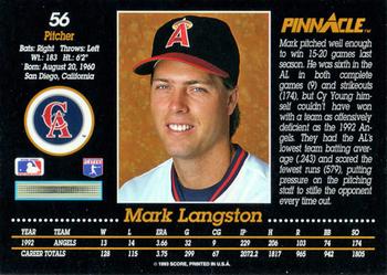 1993 Pinnacle #56 Mark Langston Back