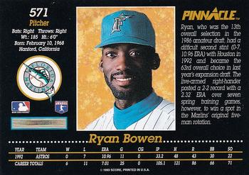 1993 Pinnacle #571 Ryan Bowen Back