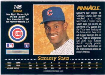 1993 Pinnacle #145 Sammy Sosa Back