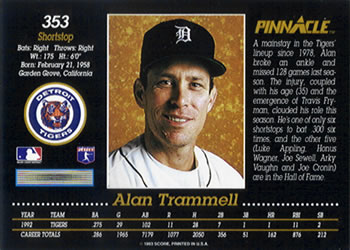 1993 Pinnacle #353 Alan Trammell Back