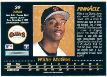 1993 Pinnacle #39 Willie McGee Back