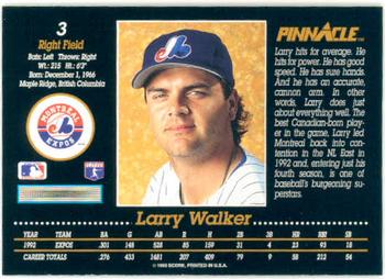 1993 Pinnacle #3 Larry Walker Back