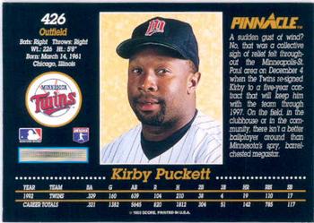 1993 Pinnacle #426 Kirby Puckett Back