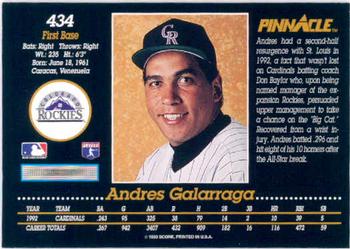 1993 Pinnacle #434 Andres Galarraga Back