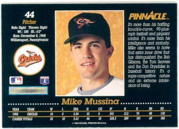 1993 Pinnacle #44 Mike Mussina Back
