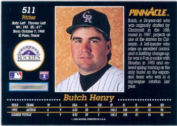 1993 Pinnacle #511 Butch Henry Back