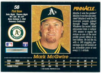 1993 Pinnacle #58 Mark McGwire Back