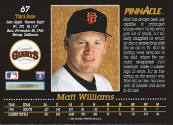 1993 Pinnacle #67 Matt Williams Back