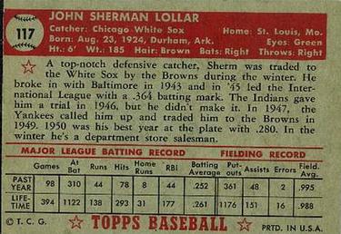 1952 Topps #117 Sherm Lollar Back