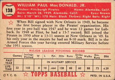 1952 Topps #138 Bill Macdonald Back