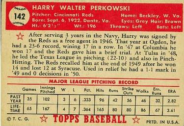 1952 Topps #142 Harry Perkowski Back