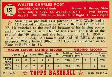 1952 Topps #151 Wally Post Back