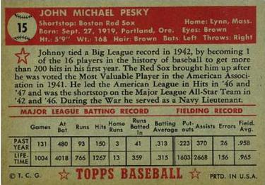 1952 Topps #15 Johnny Pesky Back