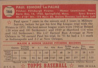 1952 Topps #166 Paul LaPalme Back