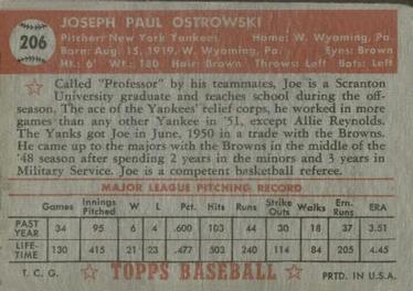 1952 Topps #206 Joe Ostrowski Back