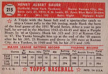 1952 Topps #215 Hank Bauer Back