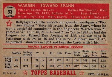 1952 Topps #33 Warren Spahn Back