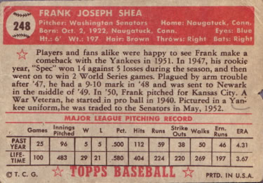 1952 Topps #248 Frank Shea Back