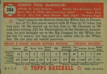 1952 Topps #286 Joe DeMaestri Back