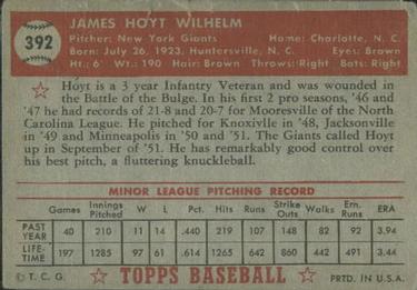 1952 Topps #392 Hoyt Wilhelm Back