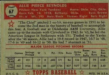 1952 Topps #67 Allie Reynolds Back