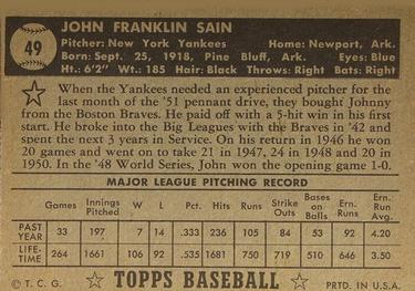 1952 Topps #49 Johnny Sain Back