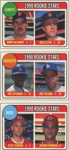 1990 Baseball Cards Magazine '69 Topps Repli-Cards - Panels #16-18 Giants Rookies (Randy McCament / Greg Litton) / Dodgers Rookies (Jose Offerman / Jose Vizcaino) / Reds Rookies (Scott Scudder / Rosario Rodriguez) Front