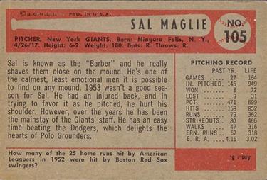 1954 Bowman #105 Sal Maglie Back