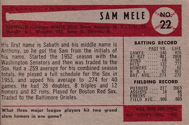 1954 Bowman #22 Sam Mele Back
