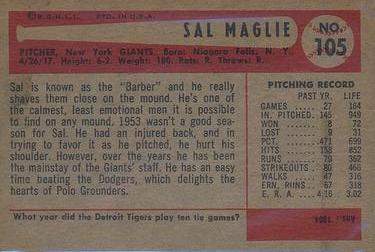 1954 Bowman #105 Sal Maglie Back