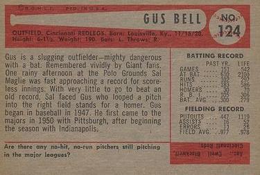 1954 Bowman #124 Gus Bell Back