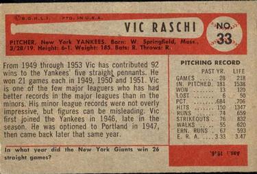 1954 Bowman #33a Vic Raschi Back