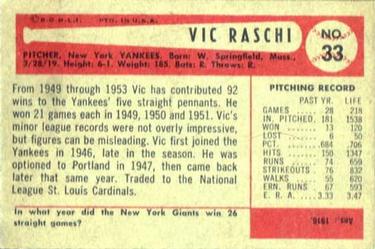1954 Bowman #33b Vic Raschi Back