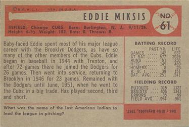 1954 Bowman #61 Eddie Miksis Back