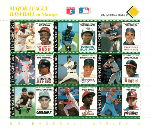 1989 St. Vincent Baseball Players Stamps - Sheets #NNO Joe Morgan / Tony Fernandez / Ozzie Guillen / Mike Greenwell / Bobby Valentine / Doug DeCinces / Mickey Cochpane / Willie McGee / Von Hayes Front