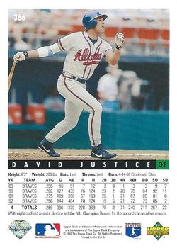 1993 Upper Deck #366 David Justice Back